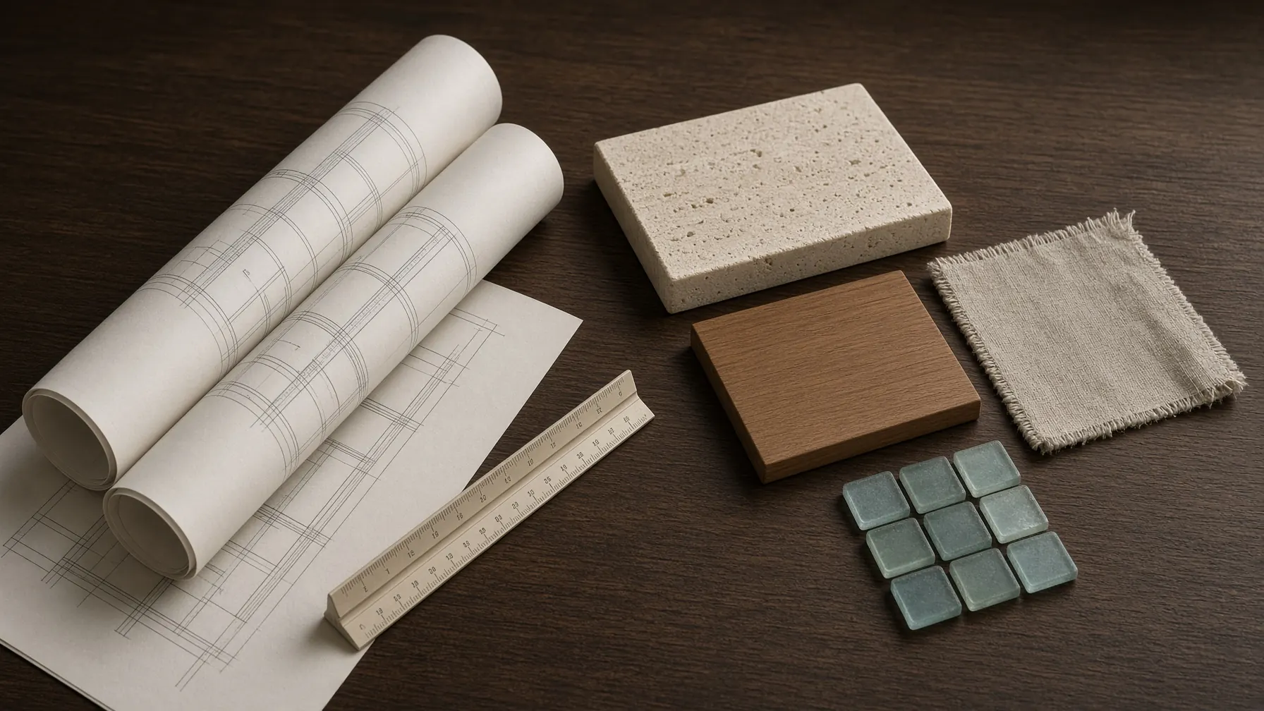 Drawings and material samples on a walnut table